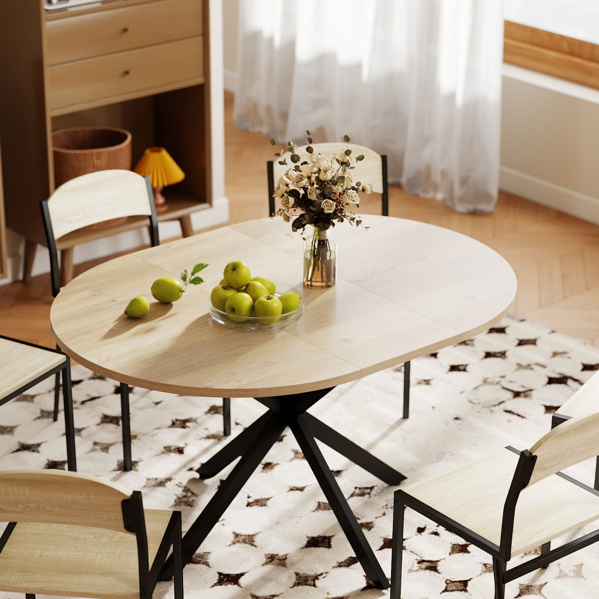 Extendable Dining Table for 4-6, 100-135 cm Kitchen Dinner Table with Butterfly Leaf and X-Shape Base, Space-Saving, Round to Oval for Home, Living Room, Natural Wood