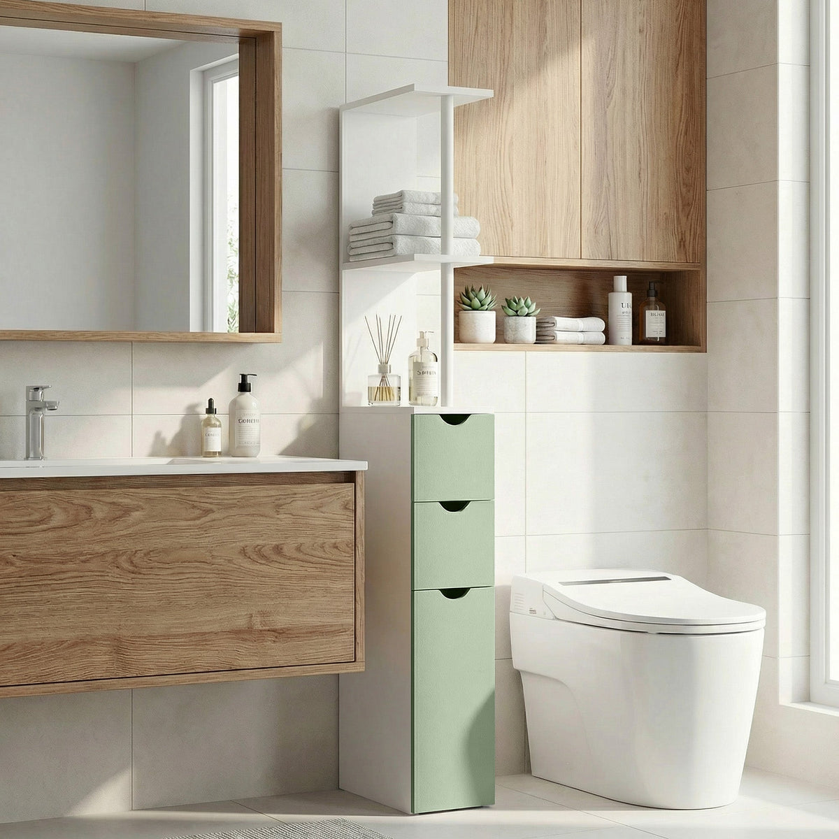 Tall Bathroom Cabinet, Freestanding Slim Bathroom Storage Cabinet with 2-Tier Open Shelf and 2 Drawers for Small Space, Narrow Cupboard Storage Unit, White and Light Green