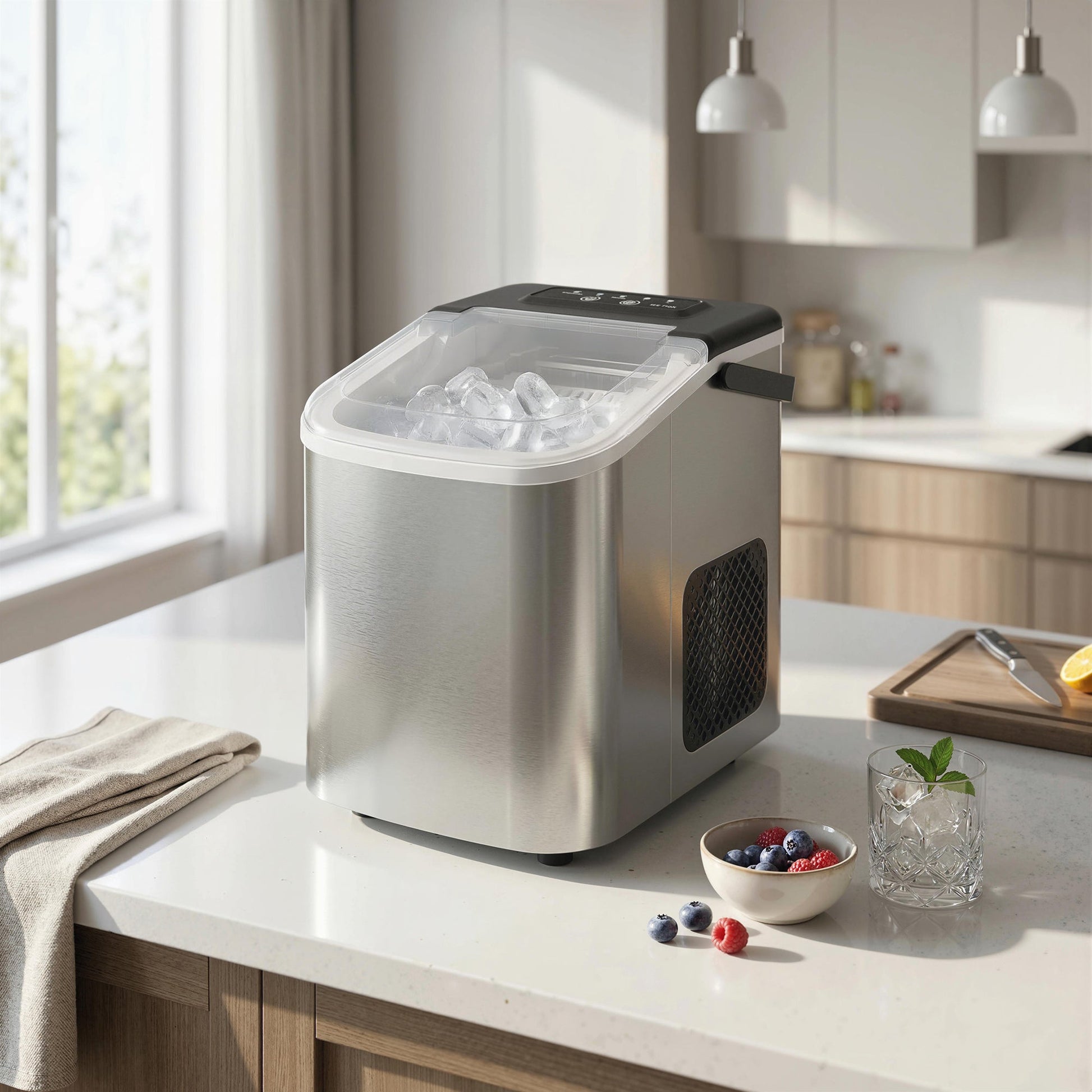 Ice Maker Machine Countertop, 9 Cubes Ready in 7 Mins, 12 KG in 24Hrs, 2 Sizes of Bullet, Self-Cleaning Ice Machine with Portable Handle, Scoop and Basket for Home Kitchen Office RV