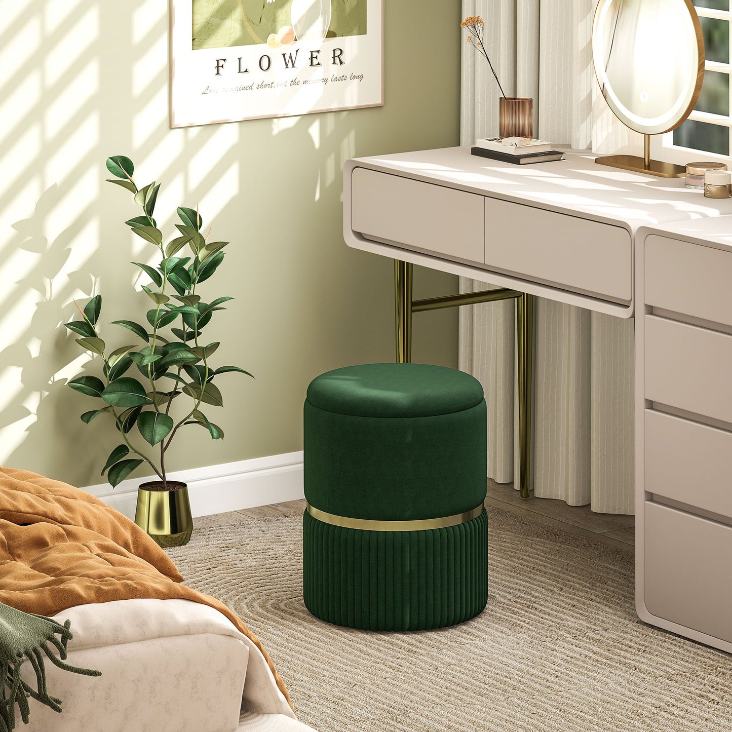 HOMCOM Round Pouffe, Velvet-feel Fabric Upholstered Storage Foot Stool with Removable Top, Padded Seat and Hidden Space for Living Room, Dark Green