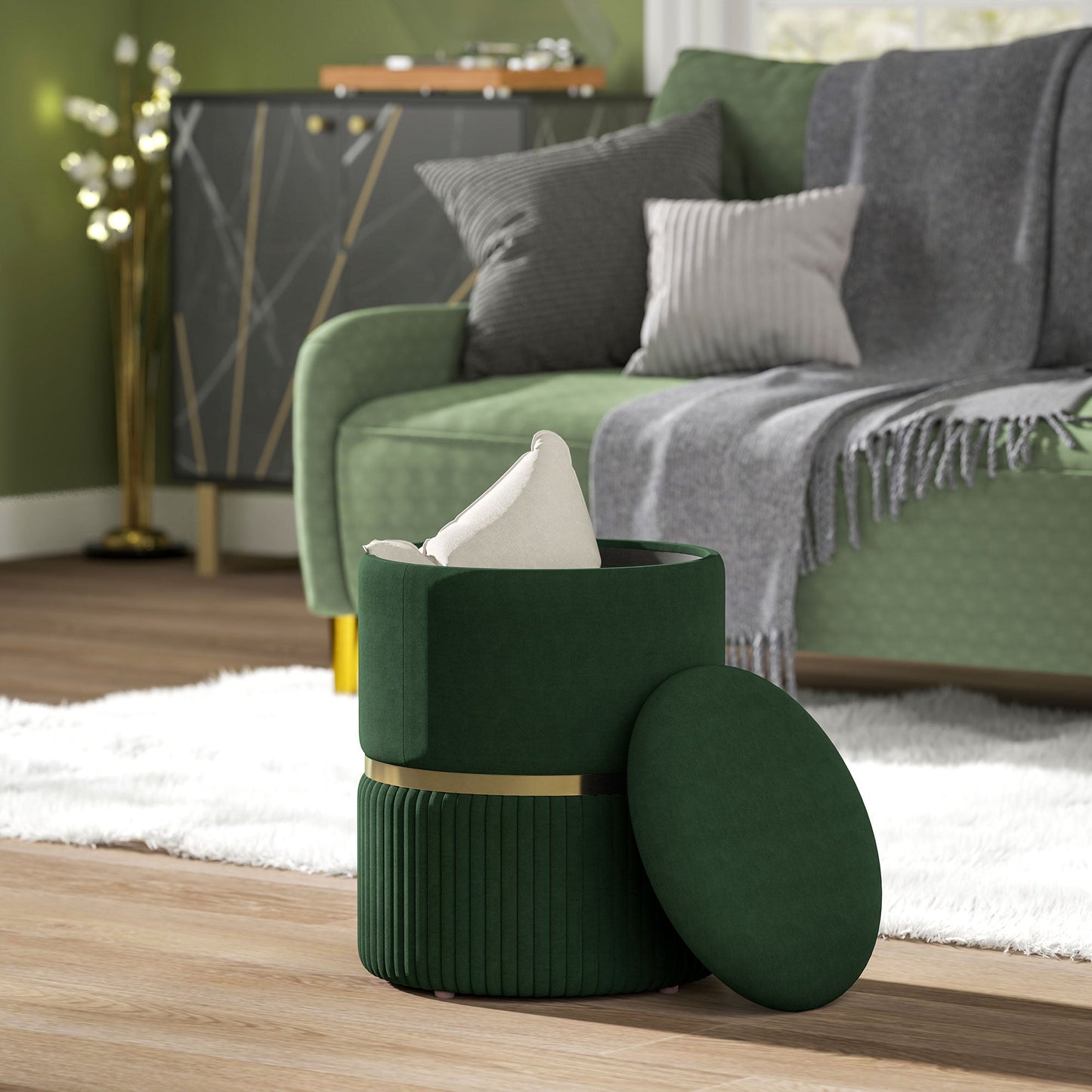 HOMCOM Round Pouffe, Velvet-feel Fabric Upholstered Storage Foot Stool with Removable Top, Padded Seat and Hidden Space for Living Room, Dark Green