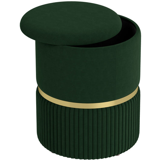 HOMCOM Round Pouffe, Velvet-feel Fabric Upholstered Storage Foot Stool with Removable Top, Padded Seat and Hidden Space for Living Room, Dark Green