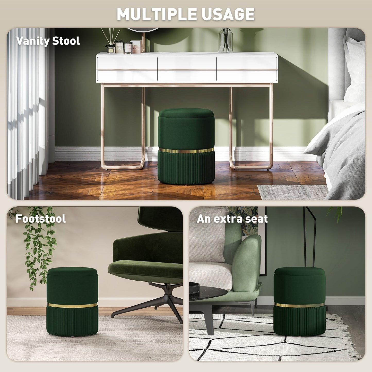 HOMCOM Round Pouffe, Velvet-feel Fabric Upholstered Storage Foot Stool with Removable Top, Padded Seat and Hidden Space for Living Room, Dark Green