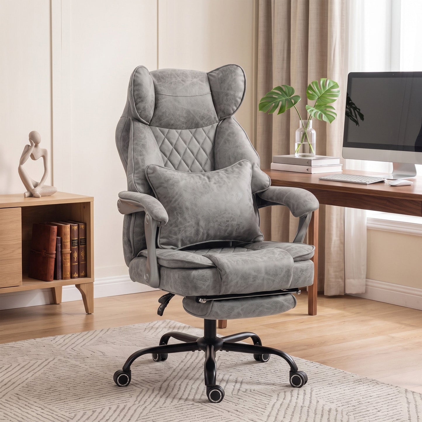 Executive Office Chair with Footrest, 180kg 400lb Big and Tall Leathaire Desk Chair with Wide Seat, Reclining Back, Lumbar Support, Built-in Headrest, Class 4 Gas Lift, Swivel Wheel, Grey