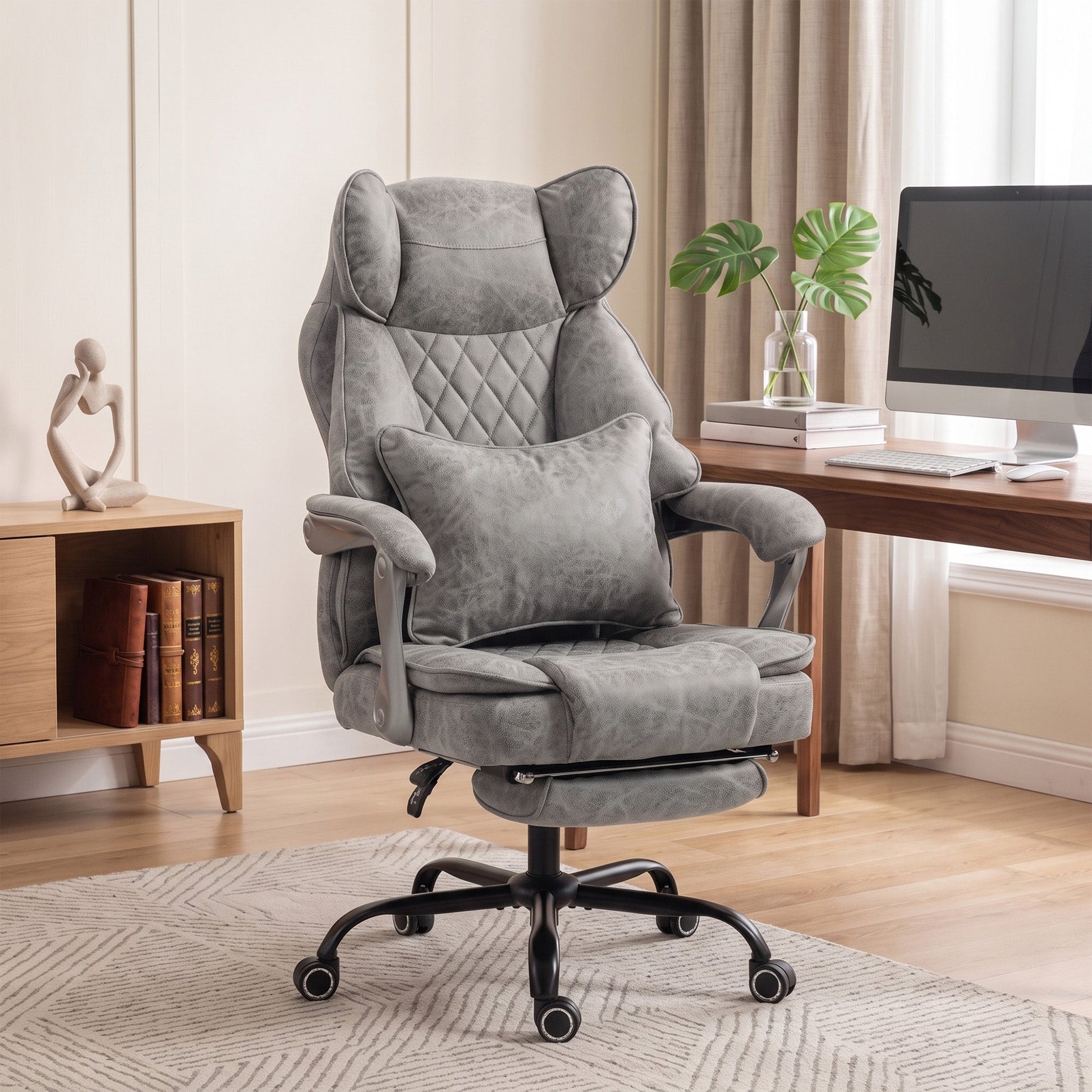 Executive Office Chair with Footrest, 180kg 400lb Big and Tall Leathaire Desk Chair with Wide Seat, Reclining Back, Lumbar Support, Built-in Headrest, Class 4 Gas Lift, Swivel Wheel, Grey