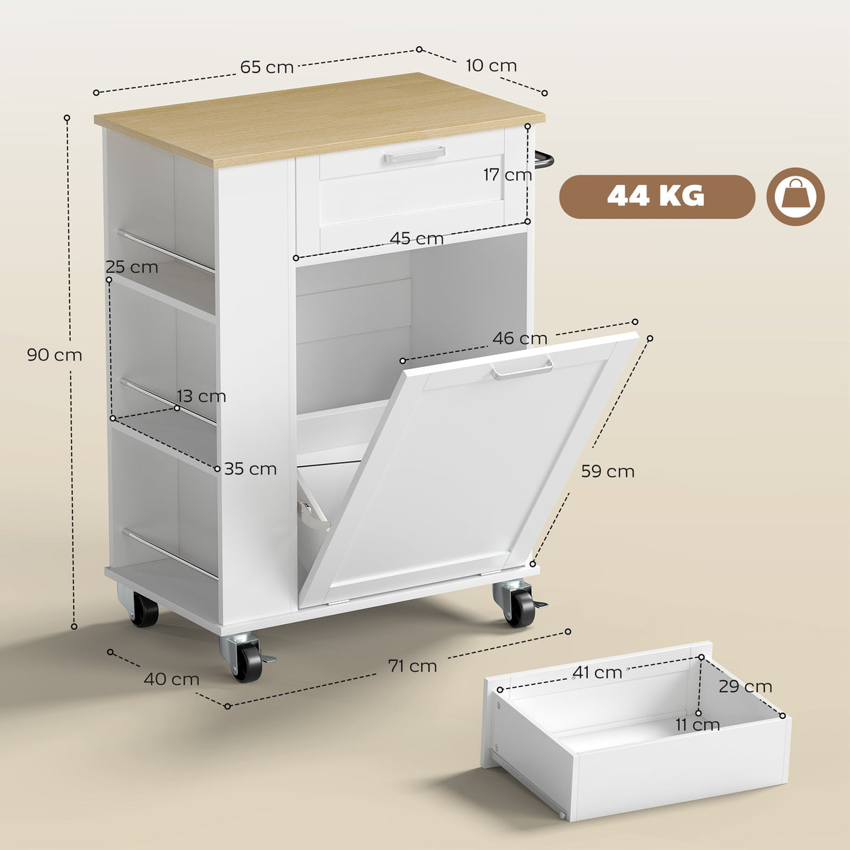 Kitchen Storage Trolley on Wheels, Rolling Kitchen Island with Drawer, Tilt-Out Rubbish Cabinet, 3-Tier Side Racks and Towel Rail for Dining Room, White