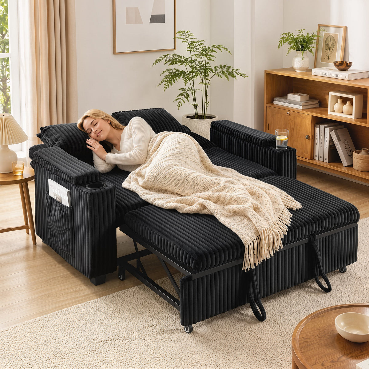 2 Seater Sofa Bed, 3-in-1 Convertible Pull Out Sleeper Sofa, Corduroy Loveseat Bed Settee with Adjustable Backrest, Storage Armrests, Cup Holders, Side Pockets for Living Room, Black