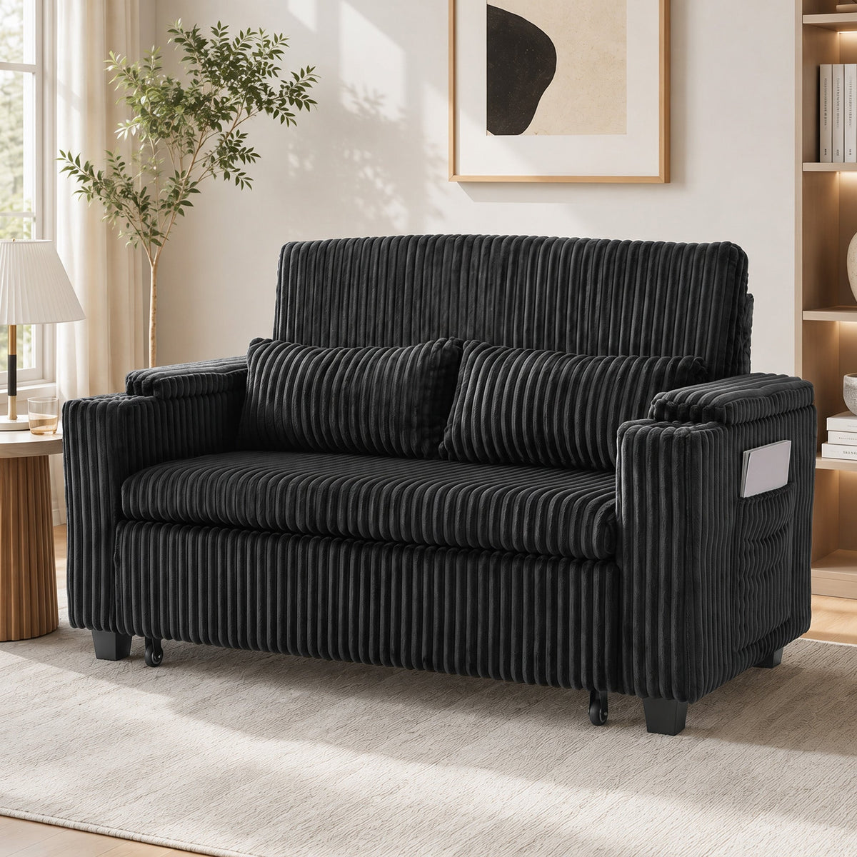 2 Seater Sofa Bed, 3-in-1 Convertible Pull Out Sleeper Sofa, Corduroy Loveseat Bed Settee with Adjustable Backrest, Storage Armrests, Cup Holders, Side Pockets for Living Room, Black