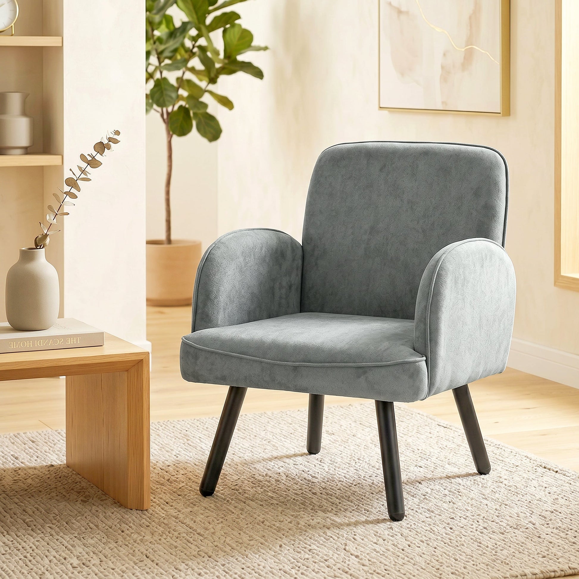 Modern Lounge Chair, Velvet Upholstered Bedroom Lounge Seat with Spring Cushion, Carbon Steel Frame, Armchair with Adjustable Feet, for Living Room, Bedroom, Study, Office, Grey