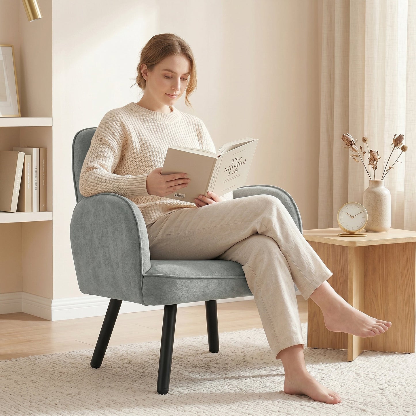 Modern Lounge Chair, Velvet Upholstered Bedroom Lounge Seat with Spring Cushion, Carbon Steel Frame, Armchair with Adjustable Feet, for Living Room, Bedroom, Study, Office, Grey
