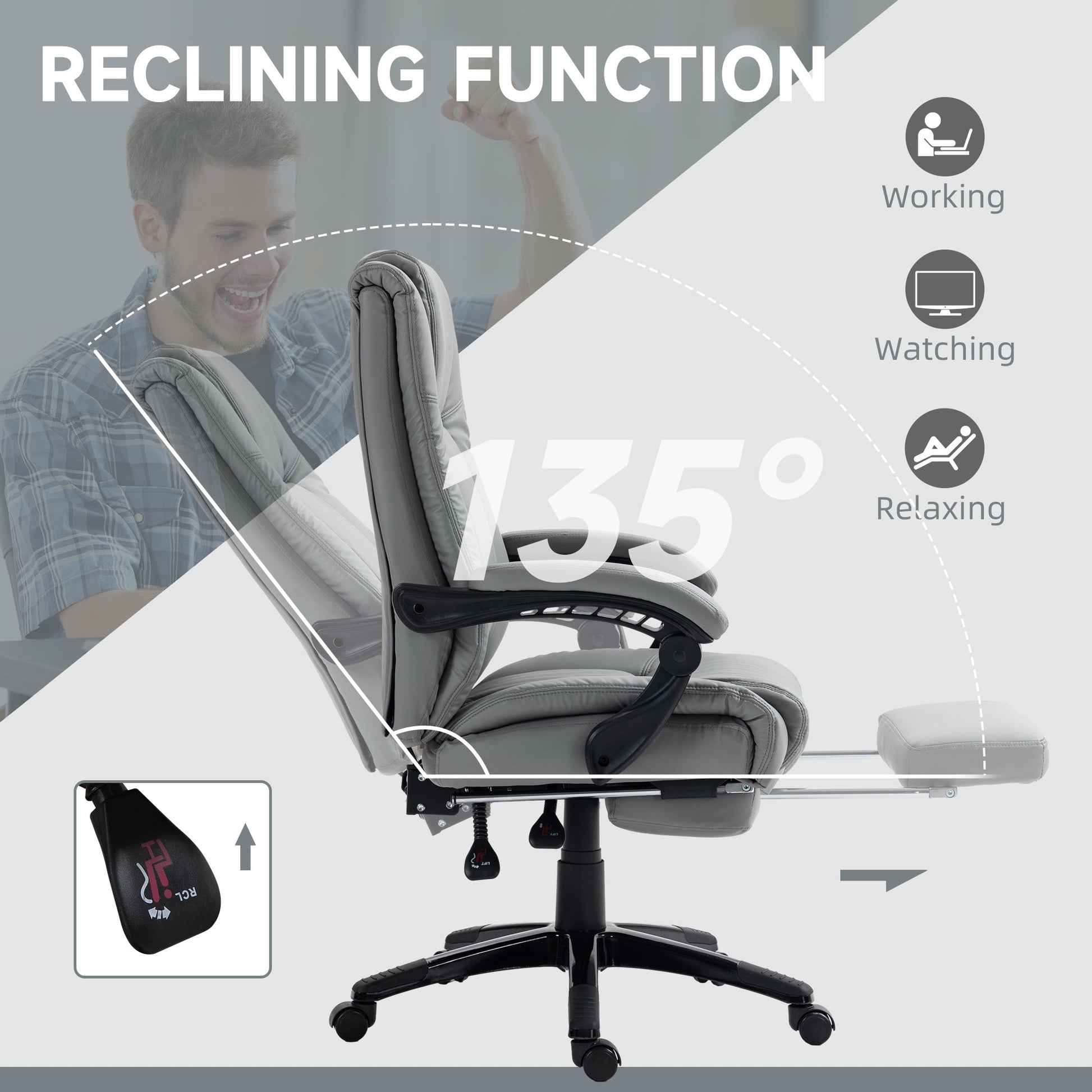 Vinsetto Executive Office Chair for Home, PU Leather Computer Chair, Swivel Desk Chair with Footrest, Wheels, Adjustable Height, Grey