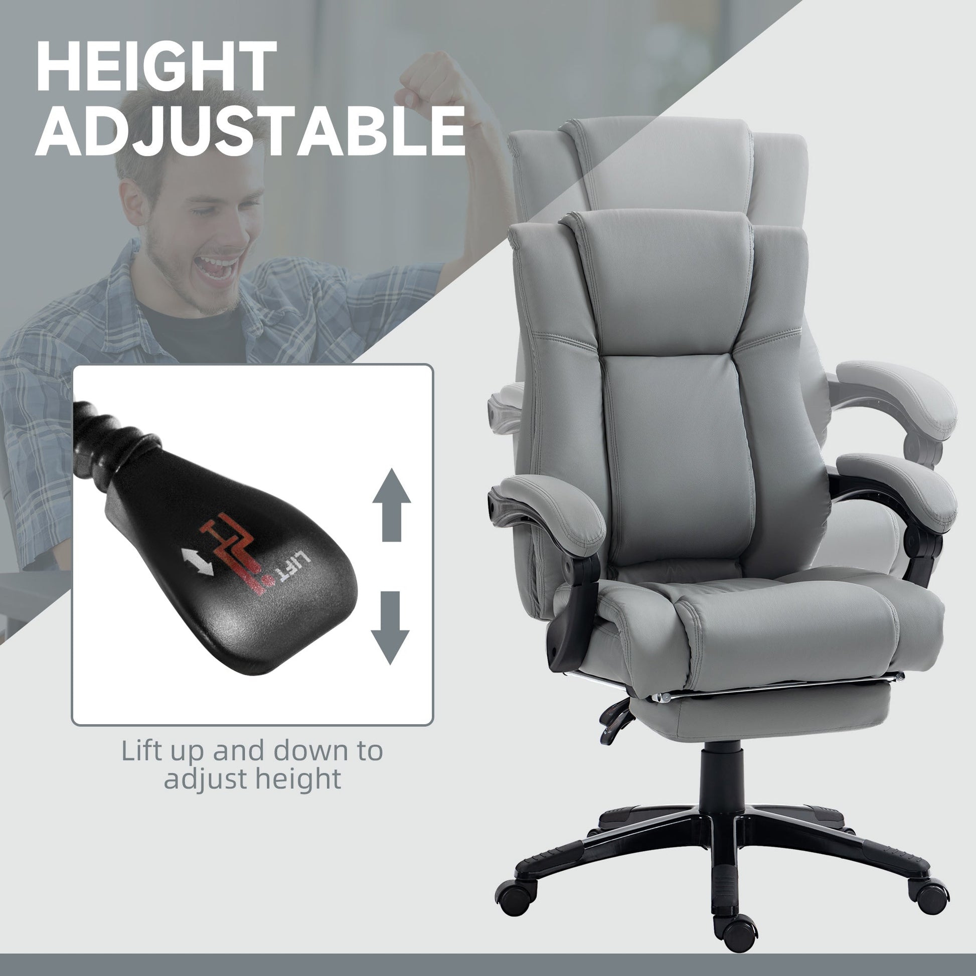 Vinsetto Executive Office Chair for Home, PU Leather Computer Chair, Swivel Desk Chair with Footrest, Wheels, Adjustable Height, Grey