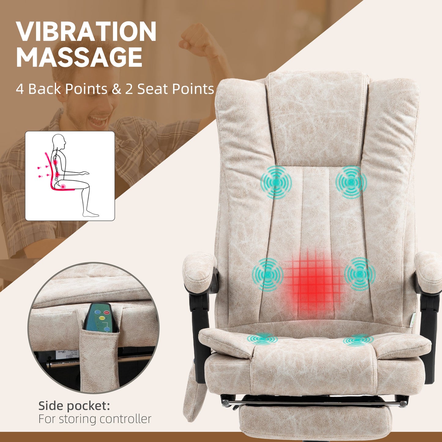 Vinsetto Office Chair with Massage and Heat, Microfibre Reclining Computer Desk Chair with Footrest and Adjustable Height, Swivel Wheels for Home Office, Cream White