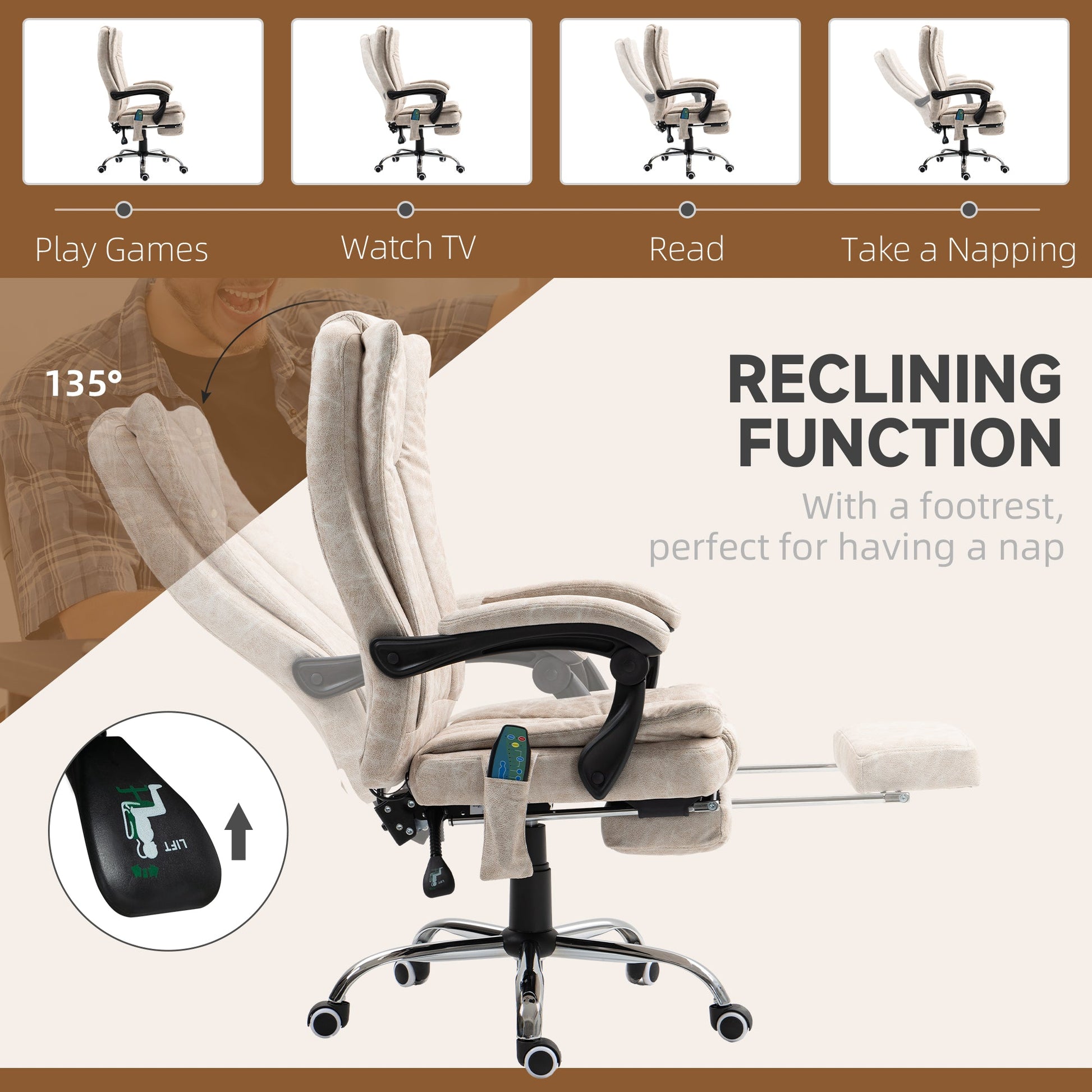 Vinsetto Office Chair with Massage and Heat, Microfibre Reclining Computer Desk Chair with Footrest and Adjustable Height, Swivel Wheels for Home Office, Cream White
