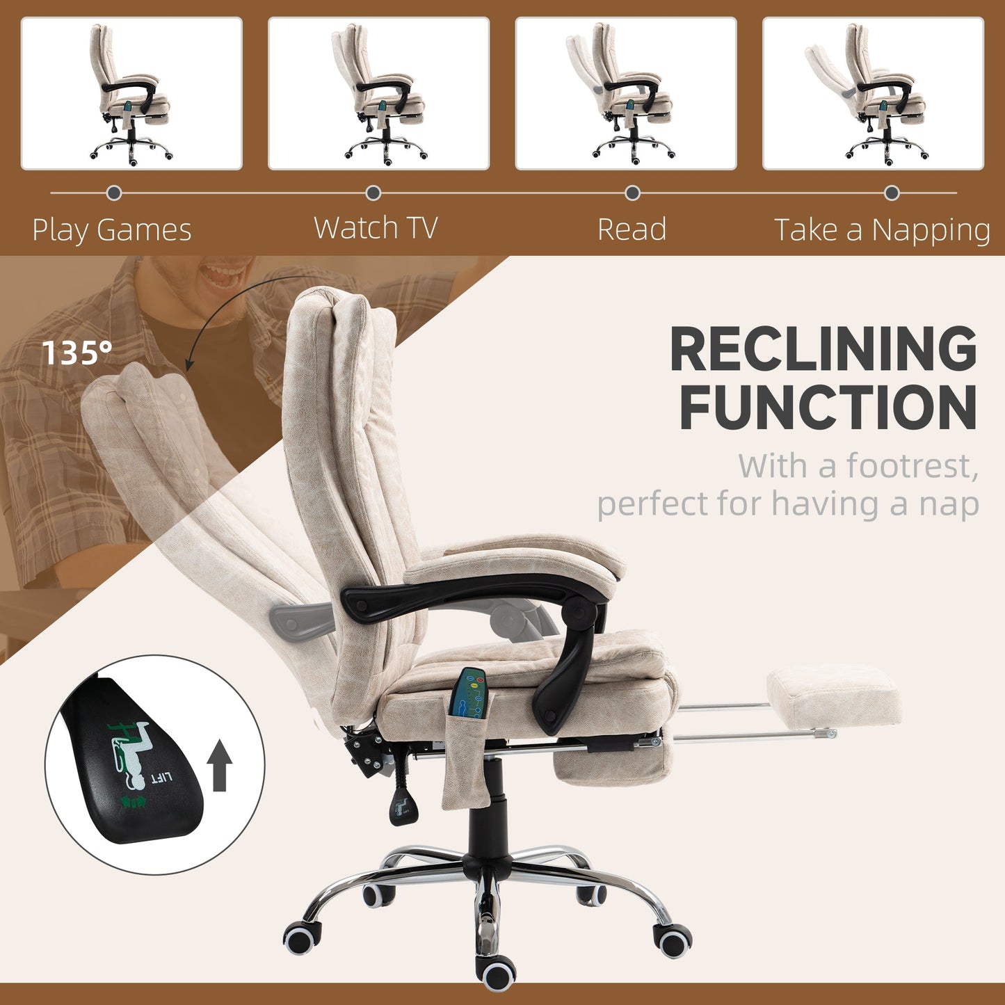 Vinsetto Office Chair with Massage and Heat, Microfibre Reclining Computer Desk Chair with Footrest and Adjustable Height, Swivel Wheels for Home Office, Cream White