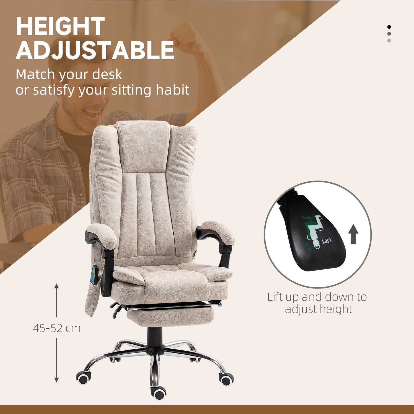 Vinsetto Office Chair with Massage and Heat, Microfibre Reclining Computer Desk Chair with Footrest and Adjustable Height, Swivel Wheels for Home Office, Cream White