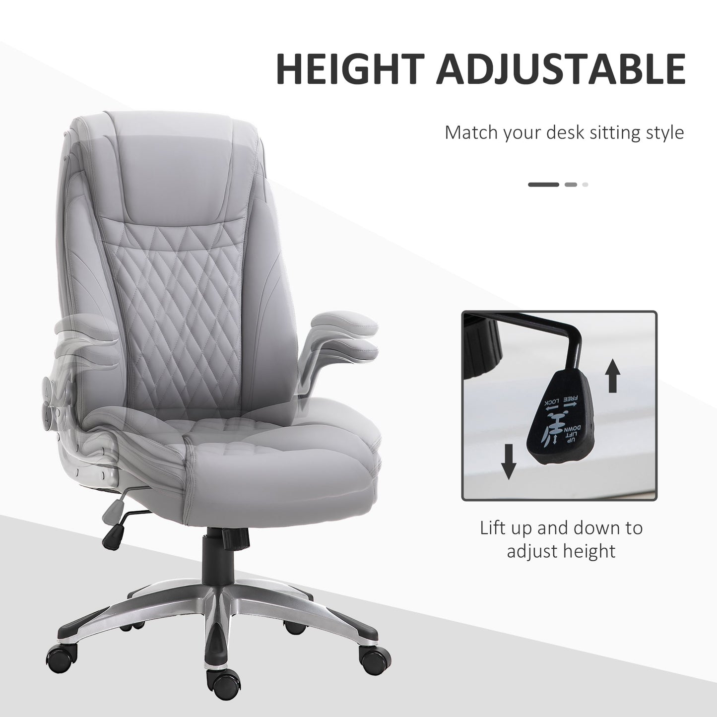 Vinsetto High Back Executive Office Chair Home Swivel PU Leather Chair, with Flip-up Arm, Wheels, Adjustable Height, Grey