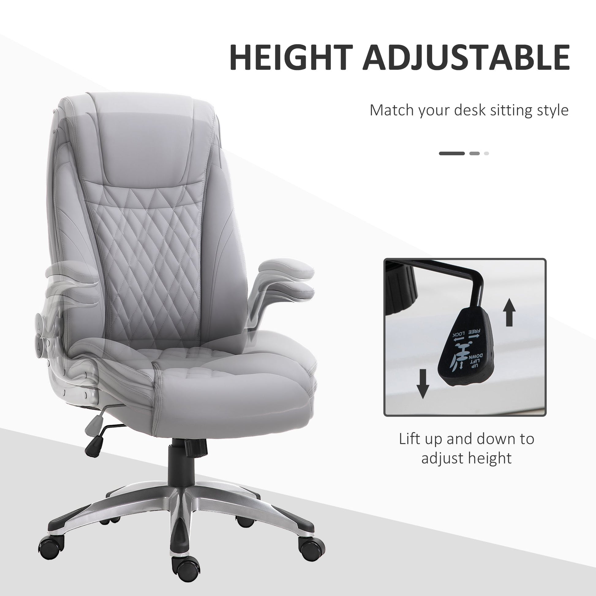 Vinsetto High Back Executive Office Chair Home Swivel PU Leather Chair, with Flip-up Arm, Wheels, Adjustable Height, Grey