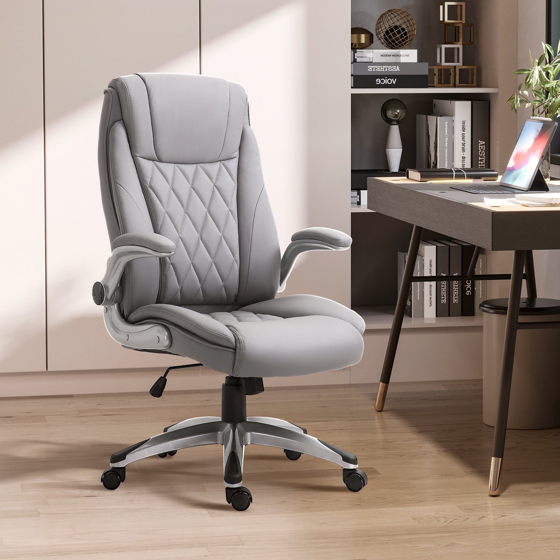 Vinsetto High Back Executive Office Chair Home Swivel PU Leather Chair, with Flip-up Arm, Wheels, Adjustable Height, Grey