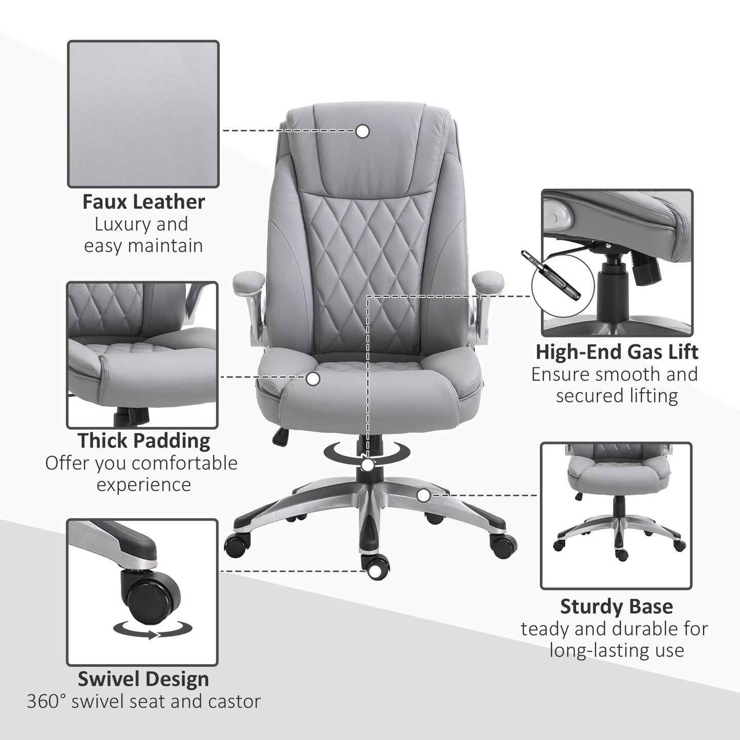 Vinsetto High Back Executive Office Chair Home Swivel PU Leather Chair, with Flip-up Arm, Wheels, Adjustable Height, Grey