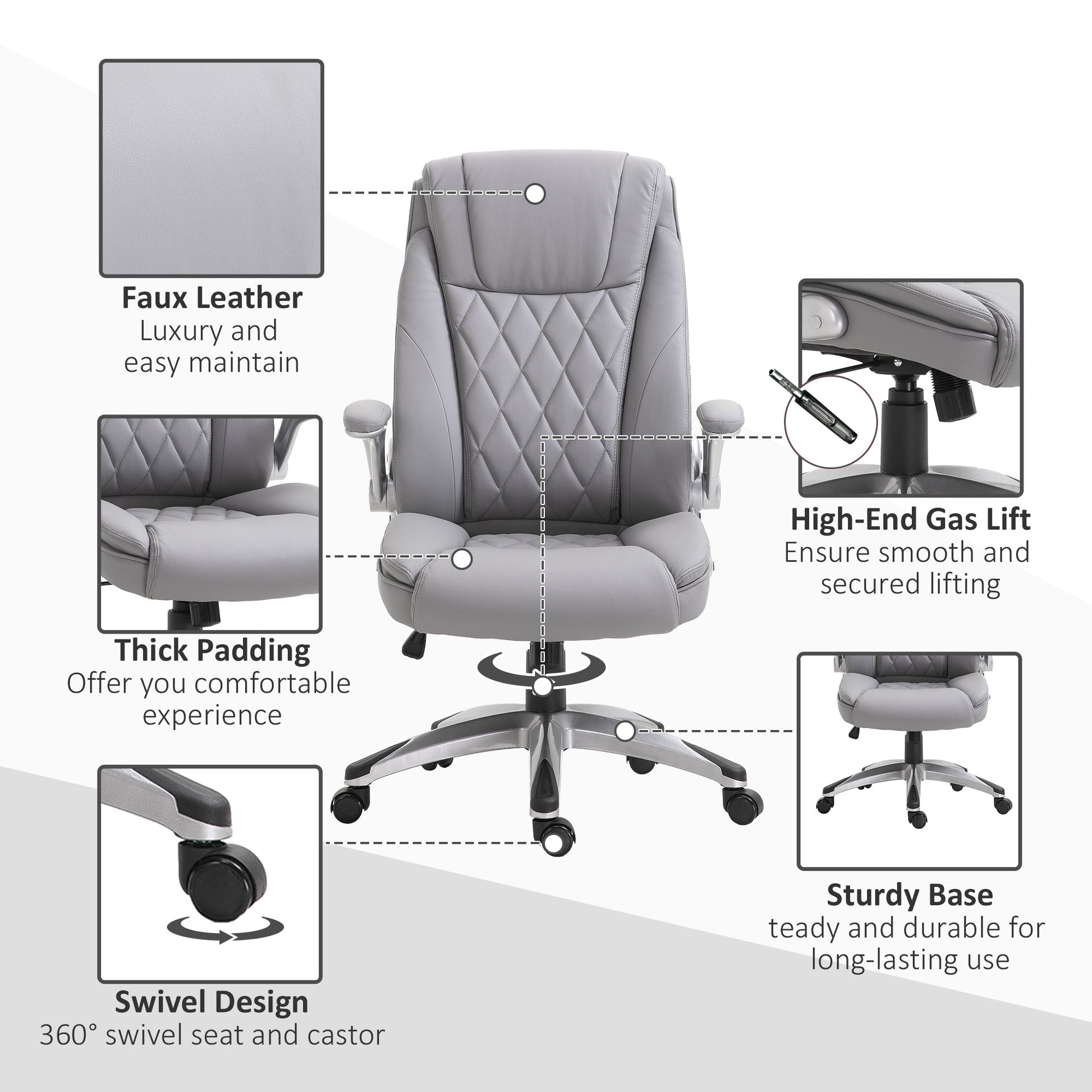 Vinsetto High Back Executive Office Chair Home Swivel PU Leather Chair, with Flip-up Arm, Wheels, Adjustable Height, Grey