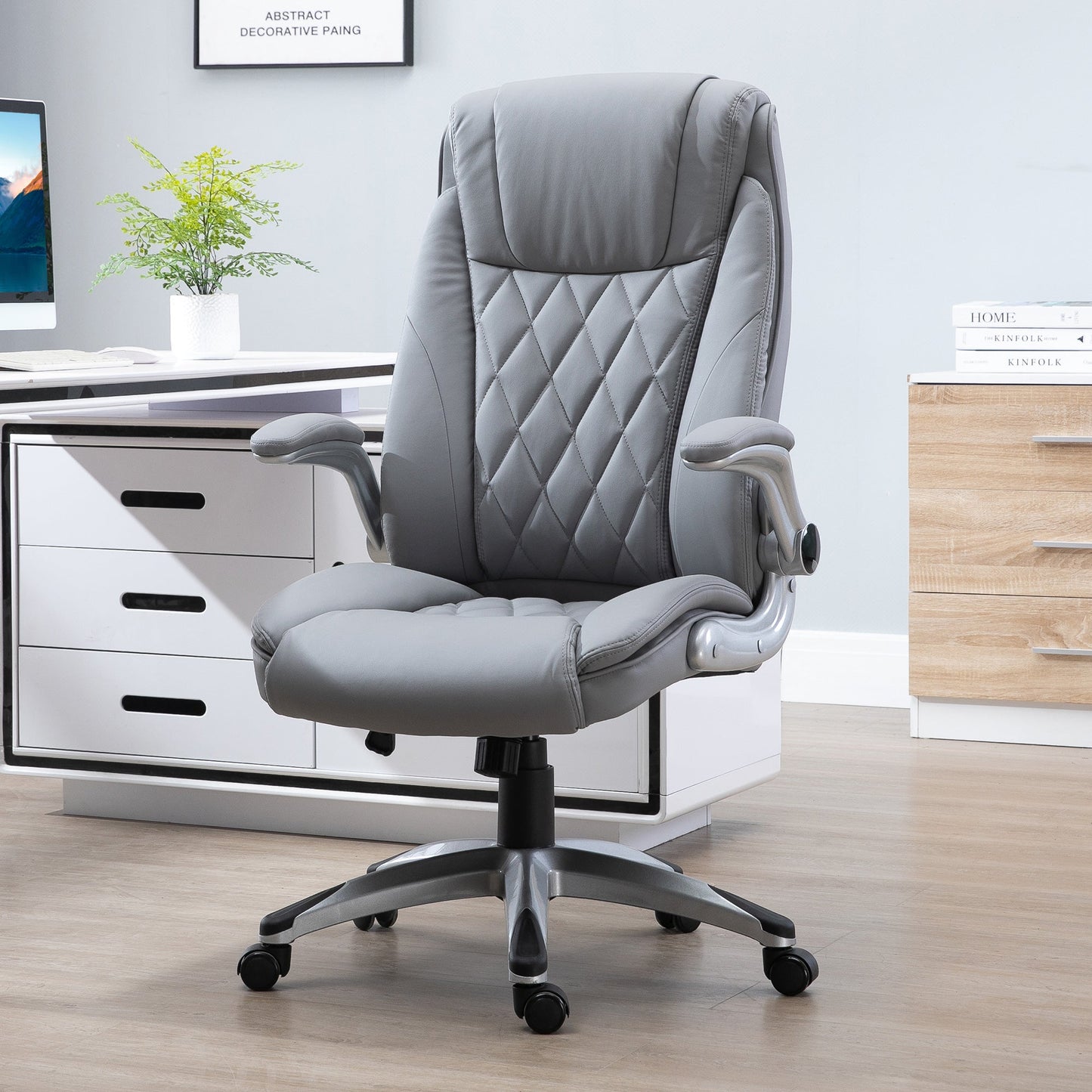 Vinsetto High Back Executive Office Chair Home Swivel PU Leather Chair, with Flip-up Arm, Wheels, Adjustable Height, Grey