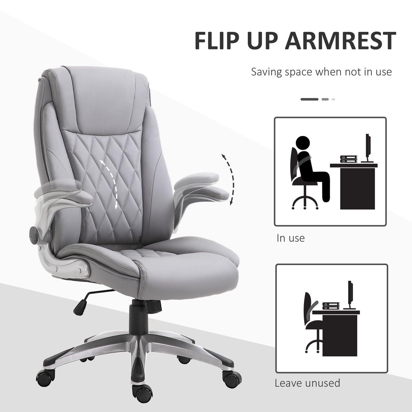Vinsetto High Back Executive Office Chair Home Swivel PU Leather Chair, with Flip-up Arm, Wheels, Adjustable Height, Grey