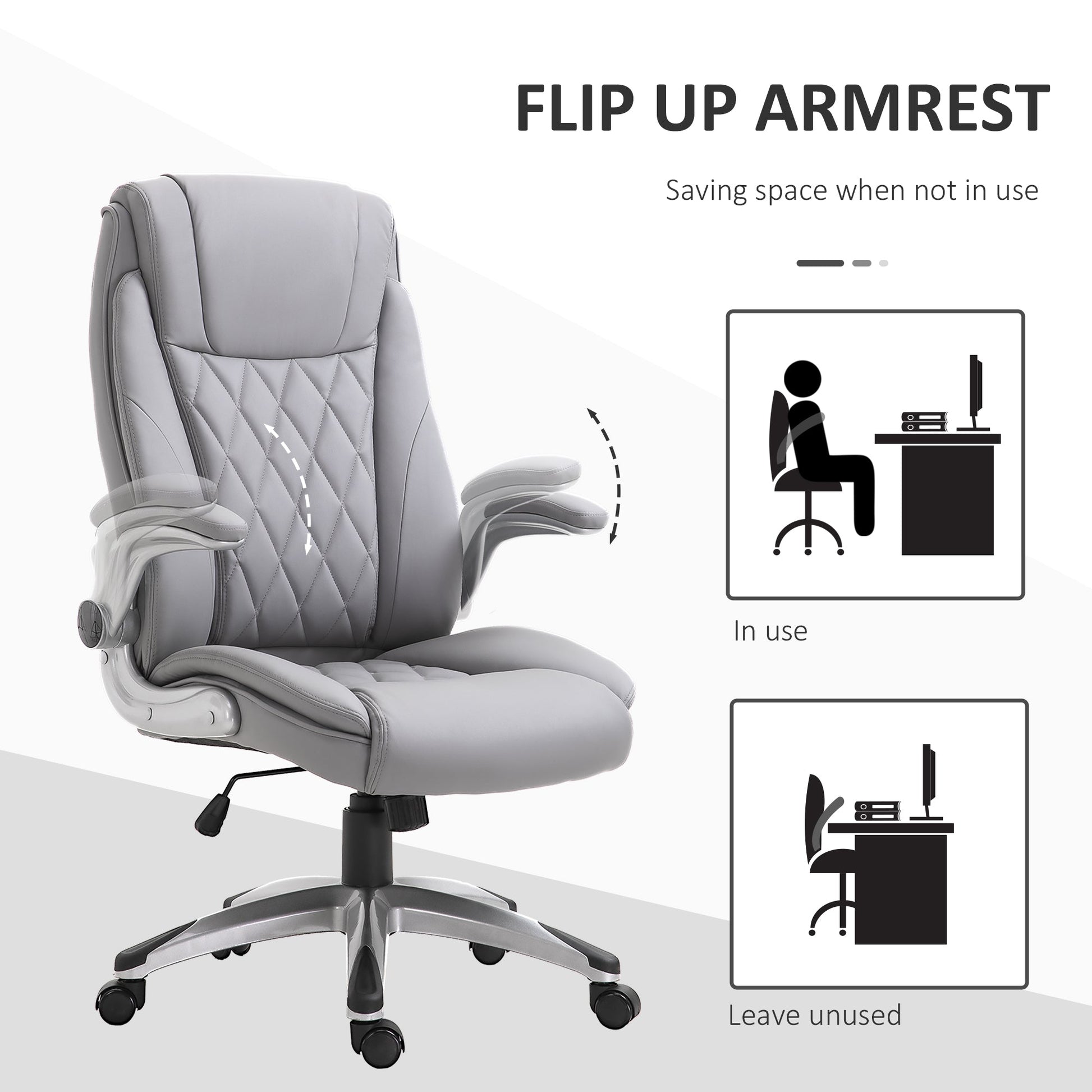 Vinsetto High Back Executive Office Chair Home Swivel PU Leather Chair, with Flip-up Arm, Wheels, Adjustable Height, Grey
