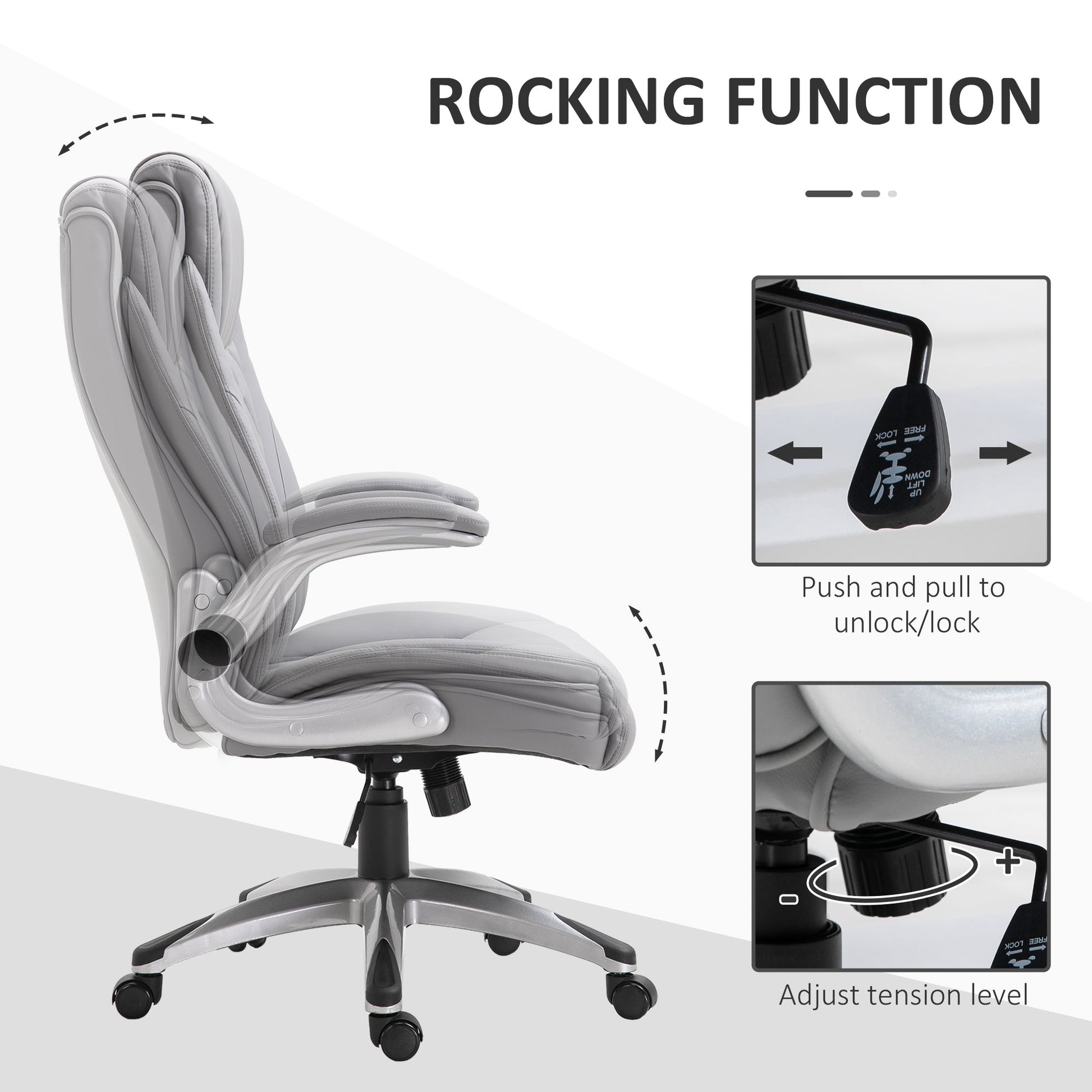 Vinsetto High Back Executive Office Chair Home Swivel PU Leather Chair, with Flip-up Arm, Wheels, Adjustable Height, Grey