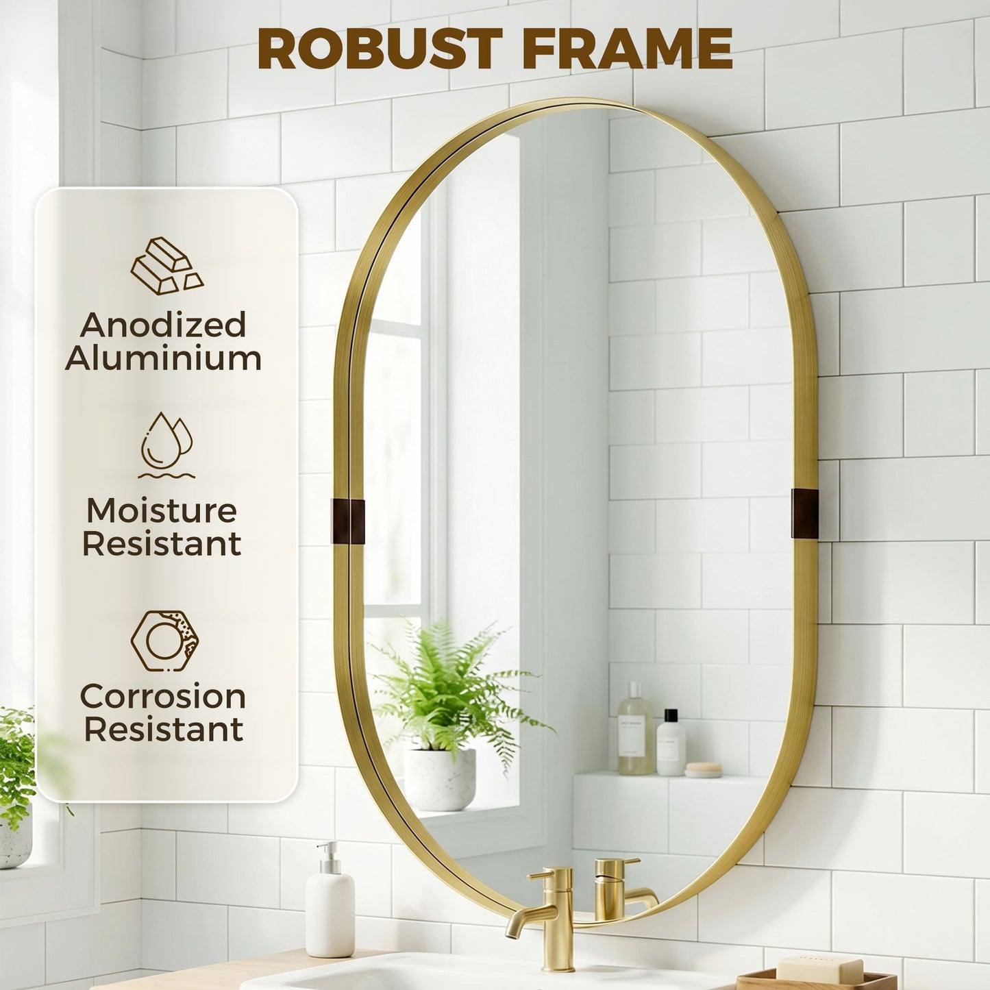 Wall Mirror with Elevated Aluminium Alloy Frame, 60 x 90 cm Bathroom Mirror with Tempered Glass for Living Room, Bedroom, Hallway, Gold Tone