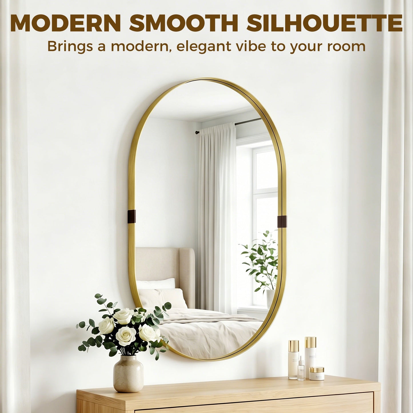 Wall Mirror with Elevated Aluminium Alloy Frame, 60 x 90 cm Bathroom Mirror with Tempered Glass for Living Room, Bedroom, Hallway, Gold Tone