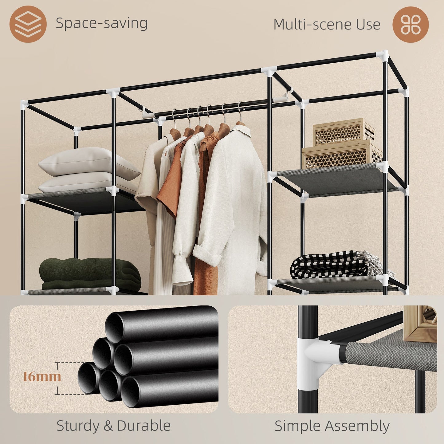 Portable Wardrobe, Foldable Fabric Wardrobe, 150 x 43 x 162.5cm, Clothes Storage Organiser with Hanging Rail, Shelves, Fabric Cover for Bedroom, Dark Grey