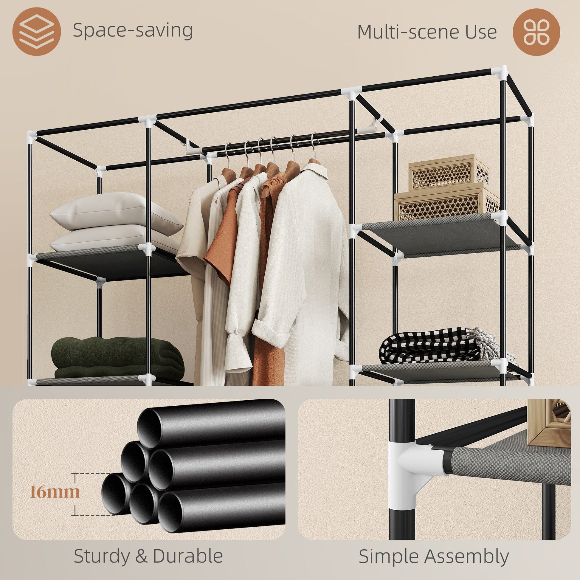 Portable Wardrobe, Foldable Fabric Wardrobe, 150 x 43 x 162.5cm, Clothes Storage Organiser with Hanging Rail, Shelves, Fabric Cover for Bedroom, Dark Grey