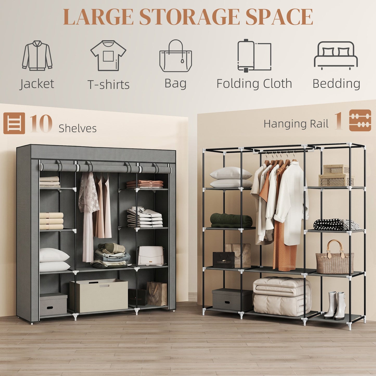 Portable Wardrobe, Foldable Fabric Wardrobe, 150 x 43 x 162.5cm, Clothes Storage Organiser with Hanging Rail, Shelves, Fabric Cover for Bedroom, Dark Grey