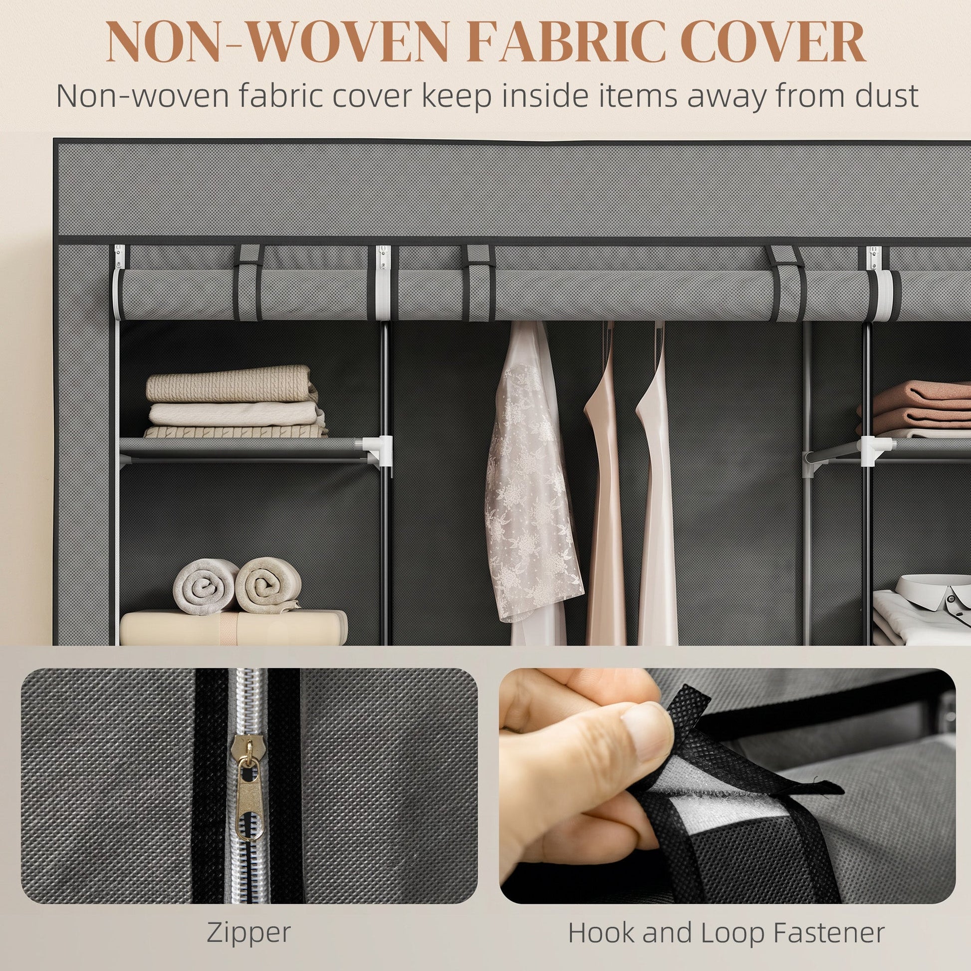 Portable Wardrobe, Foldable Fabric Wardrobe, 150 x 43 x 162.5cm, Clothes Storage Organiser with Hanging Rail, Shelves, Fabric Cover for Bedroom, Dark Grey