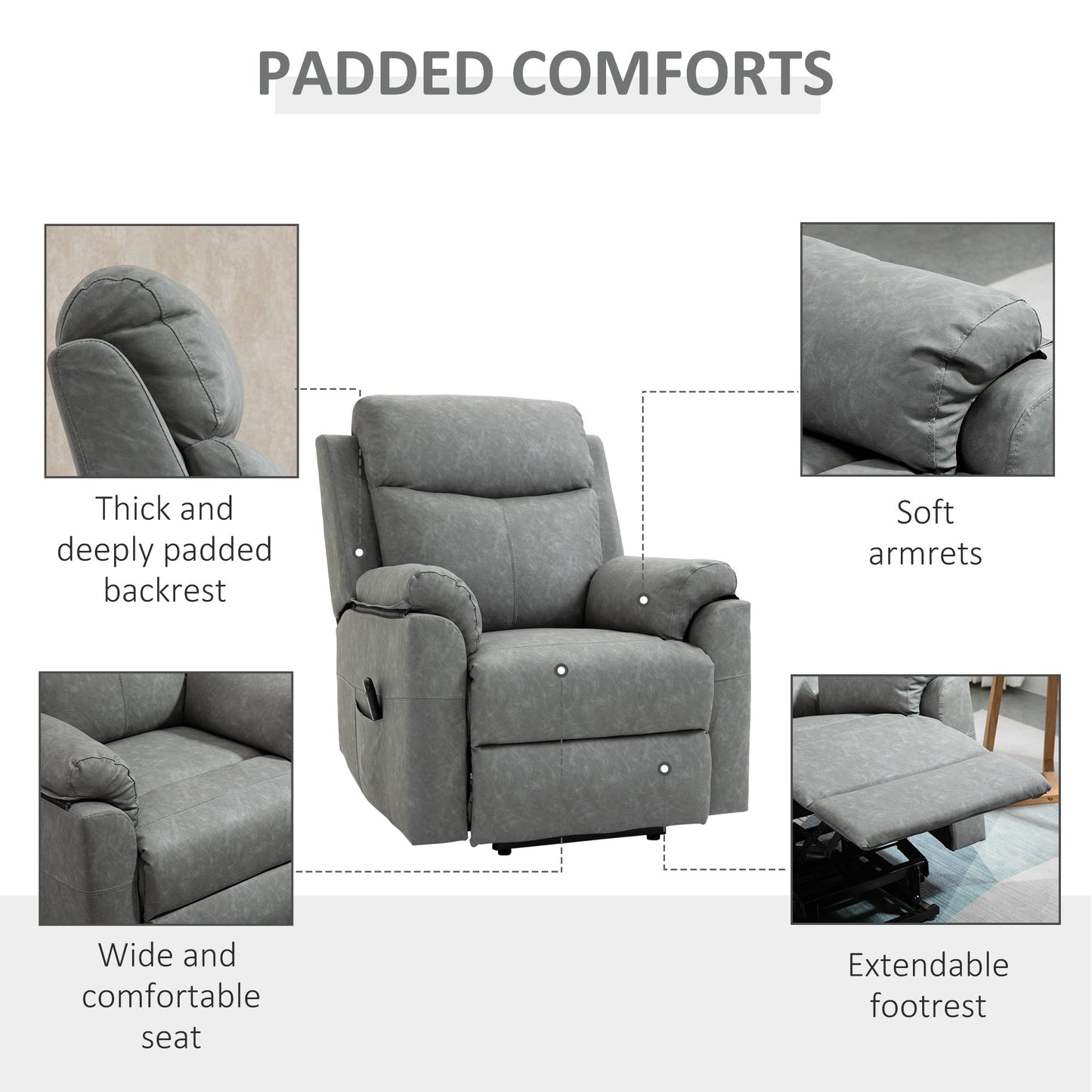 HOMCOM Power Lift Recliner Chair, Electric Lift Chair for Elderly, Overstuffed Faux Leather Riser and Reclining Armchair with Remote Control, Side Pockets, for Living Room, Grey