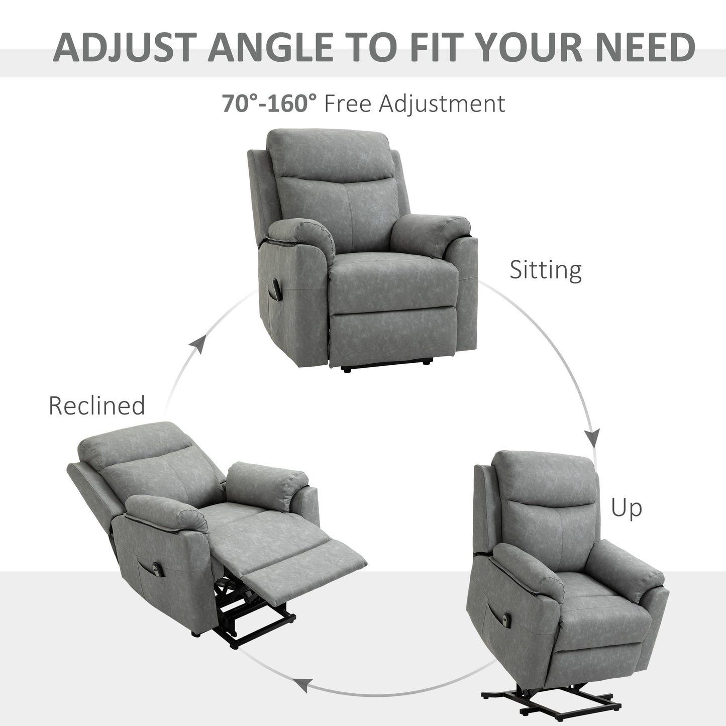 HOMCOM Power Lift Recliner Chair, Electric Lift Chair for Elderly, Overstuffed Faux Leather Riser and Reclining Armchair with Remote Control, Side Pockets, for Living Room, Grey
