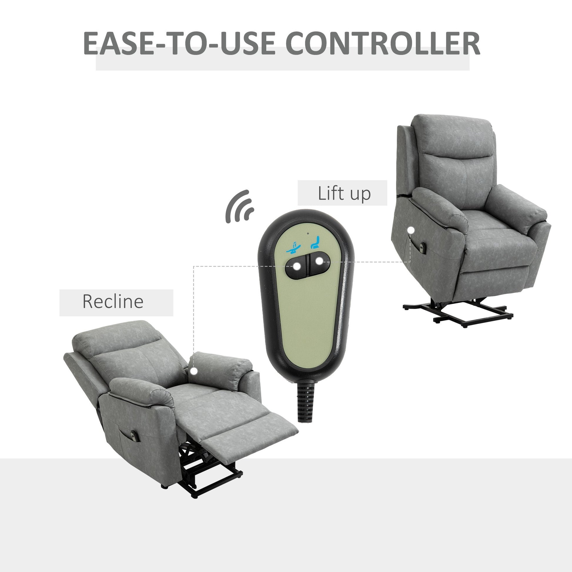 HOMCOM Power Lift Recliner Chair, Electric Lift Chair for Elderly, Overstuffed Faux Leather Riser and Reclining Armchair with Remote Control, Side Pockets, for Living Room, Grey