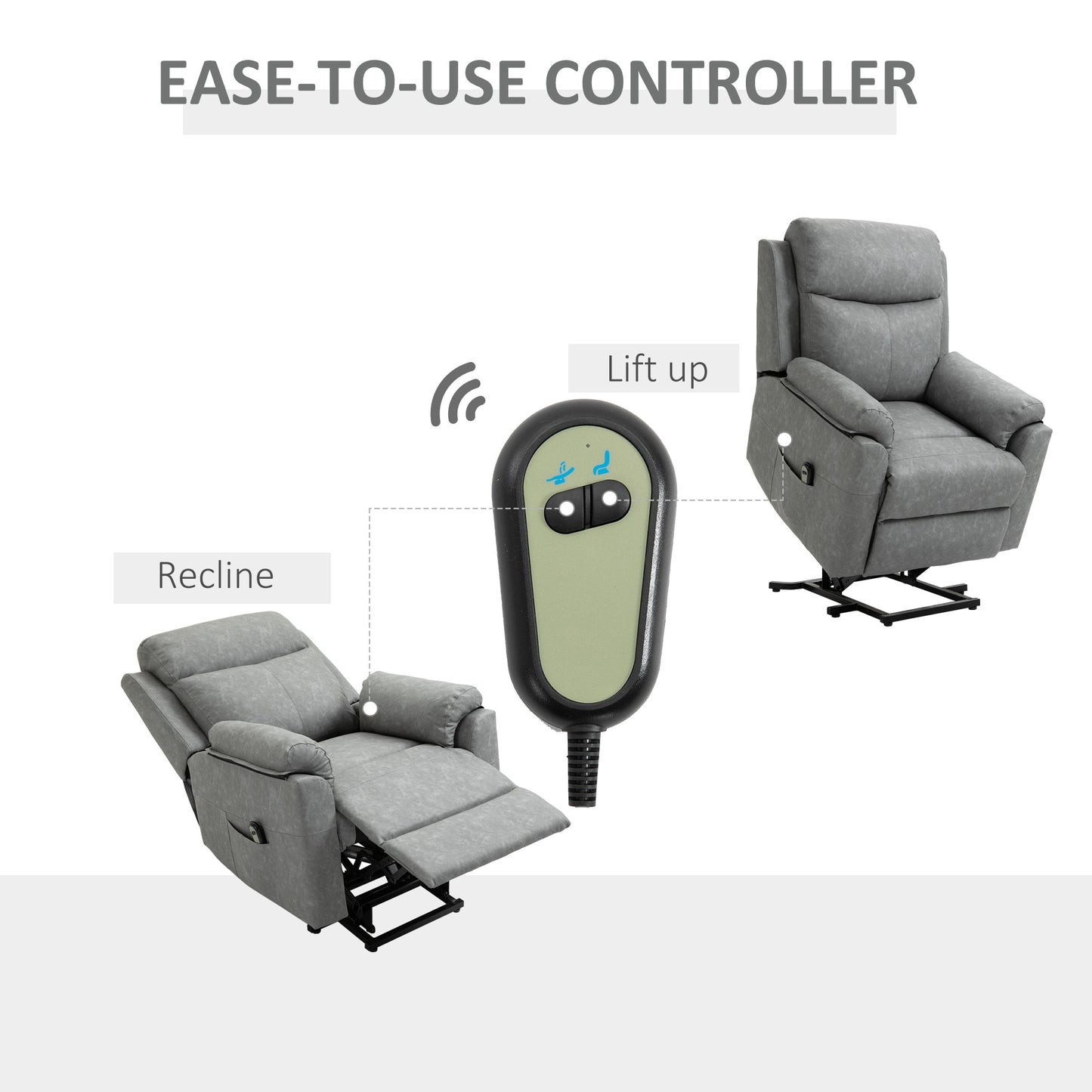 HOMCOM Power Lift Recliner Chair, Electric Lift Chair for Elderly, Overstuffed Faux Leather Riser and Reclining Armchair with Remote Control, Side Pockets, for Living Room, Grey