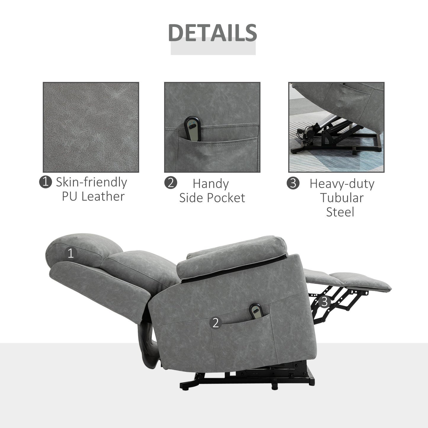 HOMCOM Power Lift Recliner Chair, Electric Lift Chair for Elderly, Overstuffed Faux Leather Riser and Reclining Armchair with Remote Control, Side Pockets, for Living Room, Grey