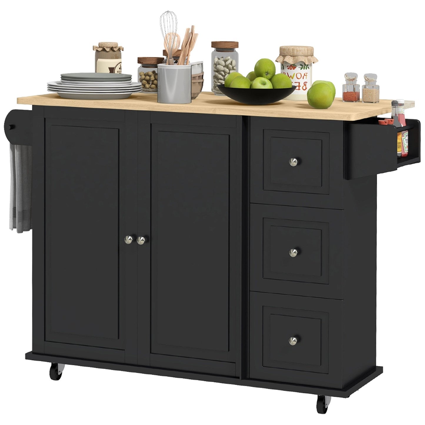 Kitchen Island with Drop Leaf, Rolling Kitchen Storage Trolley on Wheels with 3 Drawers, Spice Rack and Towel Rack, Storage Cart with Rubber Wood Top, Black