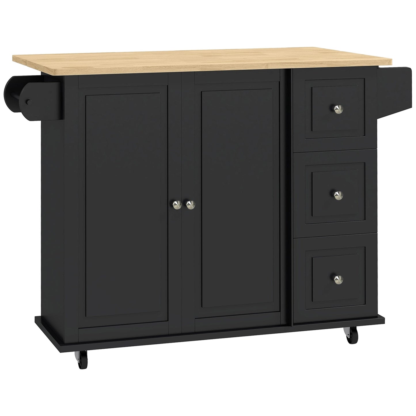 Kitchen Island with Drop Leaf, Rolling Kitchen Storage Trolley on Wheels with 3 Drawers, Spice Rack and Towel Rack, Storage Cart with Rubber Wood Top, Black