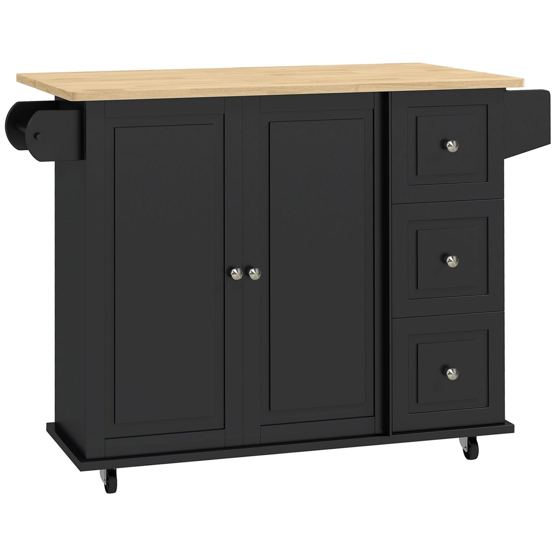 Kitchen Island with Drop Leaf, Rolling Kitchen Storage Trolley on Wheels with 3 Drawers, Spice Rack and Towel Rack, Storage Cart with Rubber Wood Top, Black