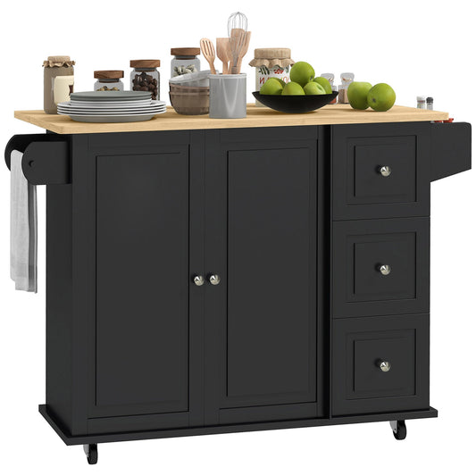 Kitchen Island with Drop Leaf, Rolling Kitchen Storage Trolley on Wheels with 3 Drawers, Spice Rack and Towel Rack, Storage Cart with Rubber Wood Top, Black