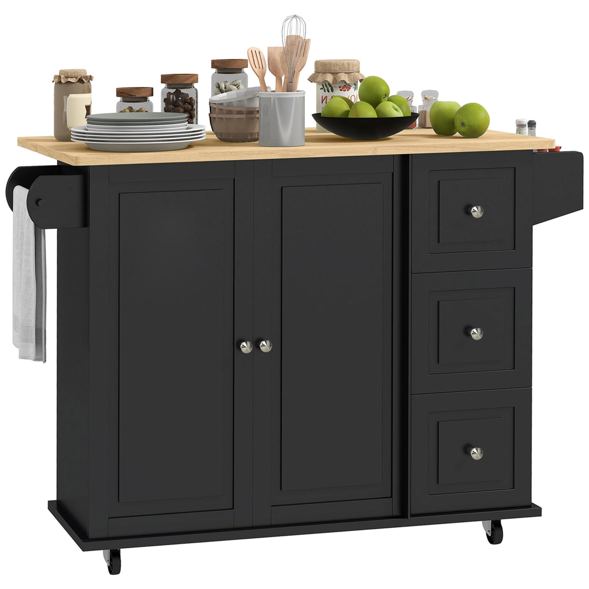 Kitchen Island with Drop Leaf, Rolling Kitchen Storage Trolley on Wheels with 3 Drawers, Spice Rack and Towel Rack, Storage Cart with Rubber Wood Top, Black