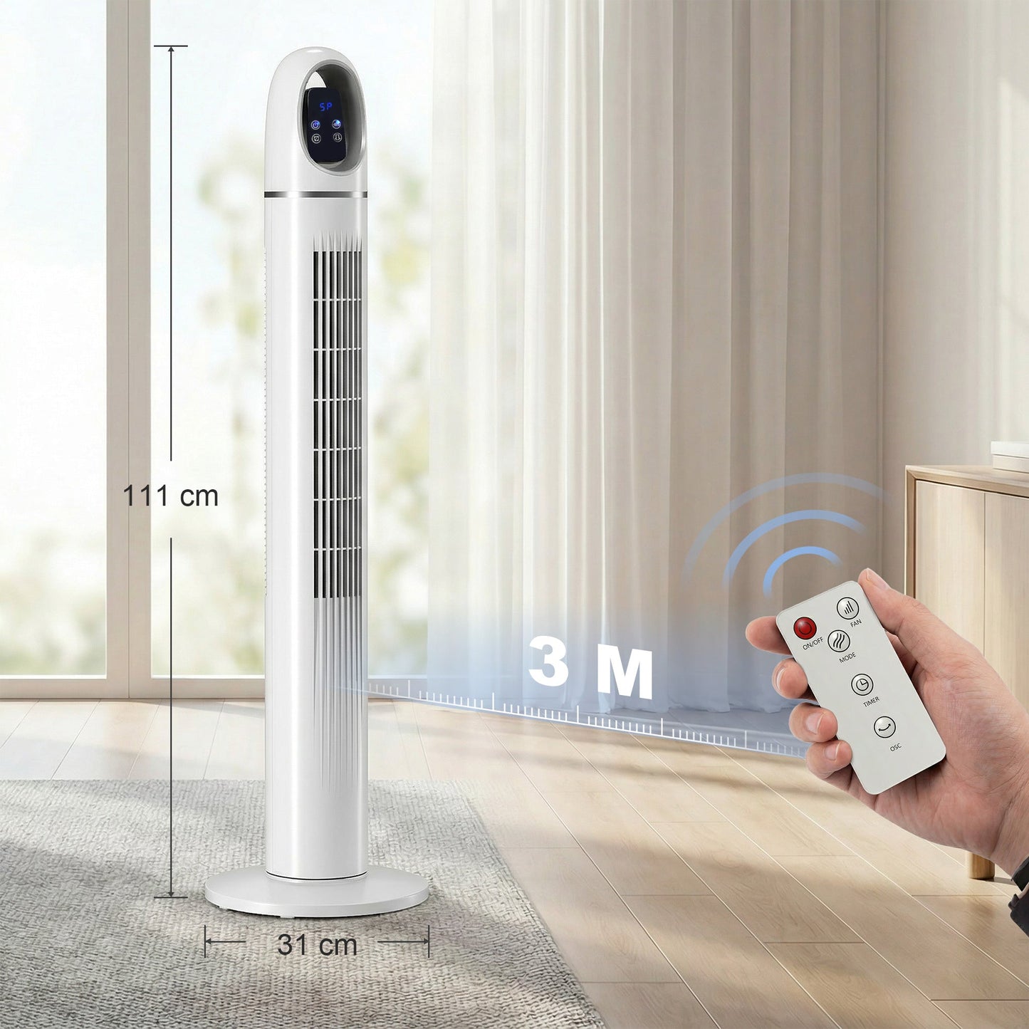 Tower Fan for Bedroom, Standing Floor Fan with 70° Oscillating, 3 Modes, 3 Speeds, 24 Hour Timer, LED Display and Remote Control, 44 inch, White