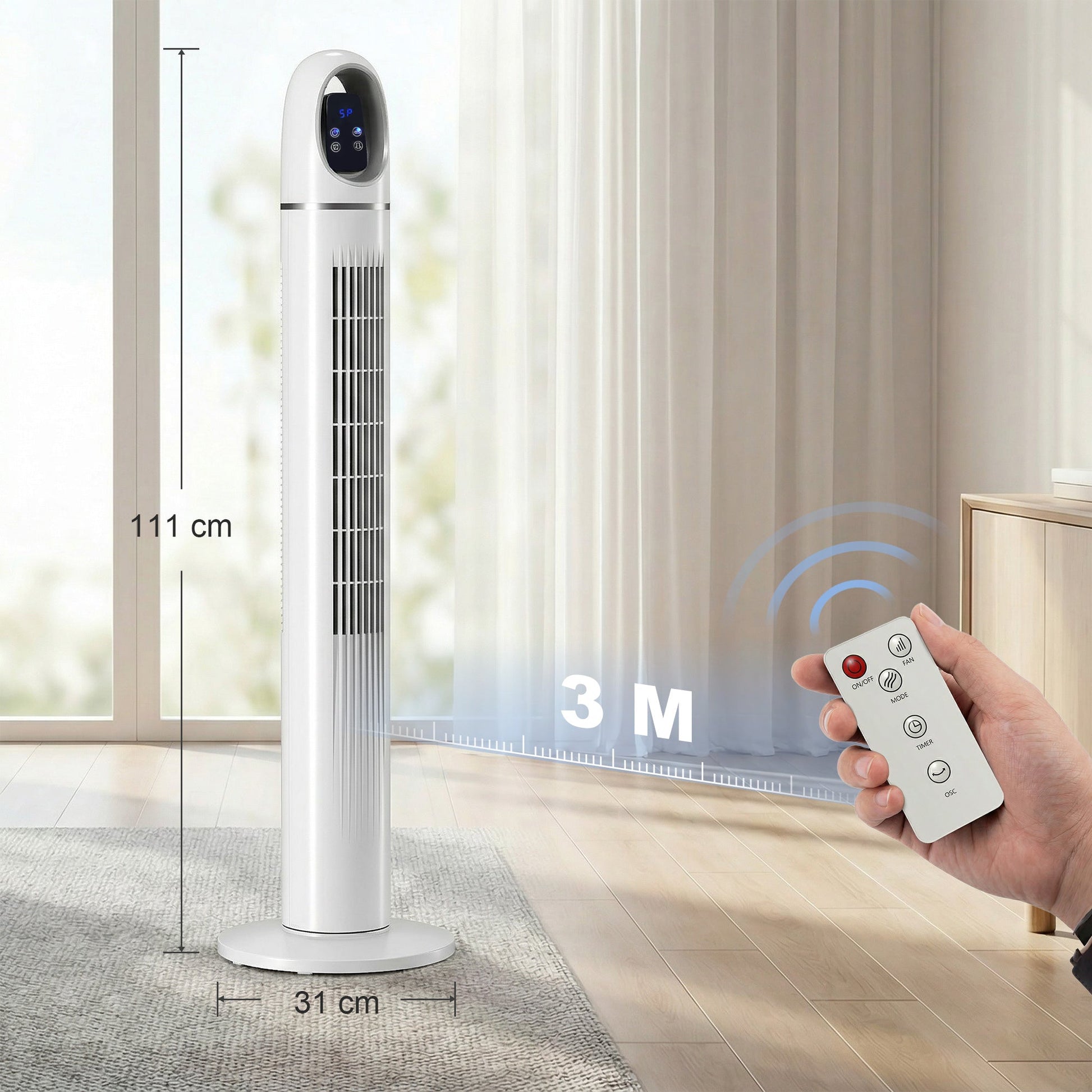 Tower Fan for Bedroom, Standing Floor Fan with 70° Oscillating, 3 Modes, 3 Speeds, 24 Hour Timer, LED Display and Remote Control, 44 inch, White