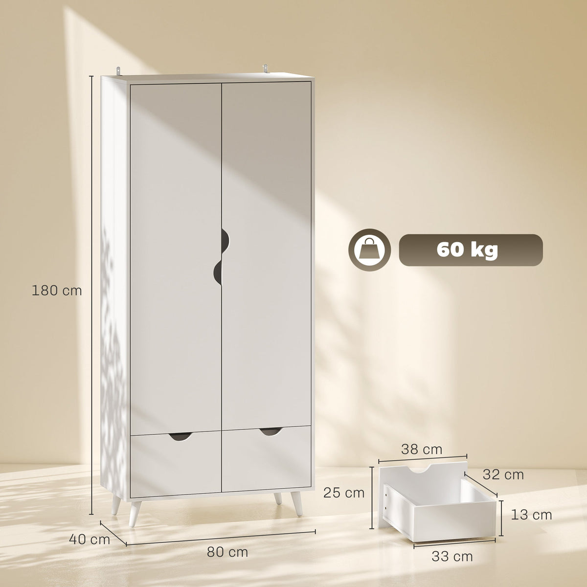 2-Door Clothes Wardrobe with Hanging Rail, Top Storage Shelf and 2 Drawers, Wood Feet, Elegant Home Storage Organisation Furniture for Dresses, Coats and Accessories, White