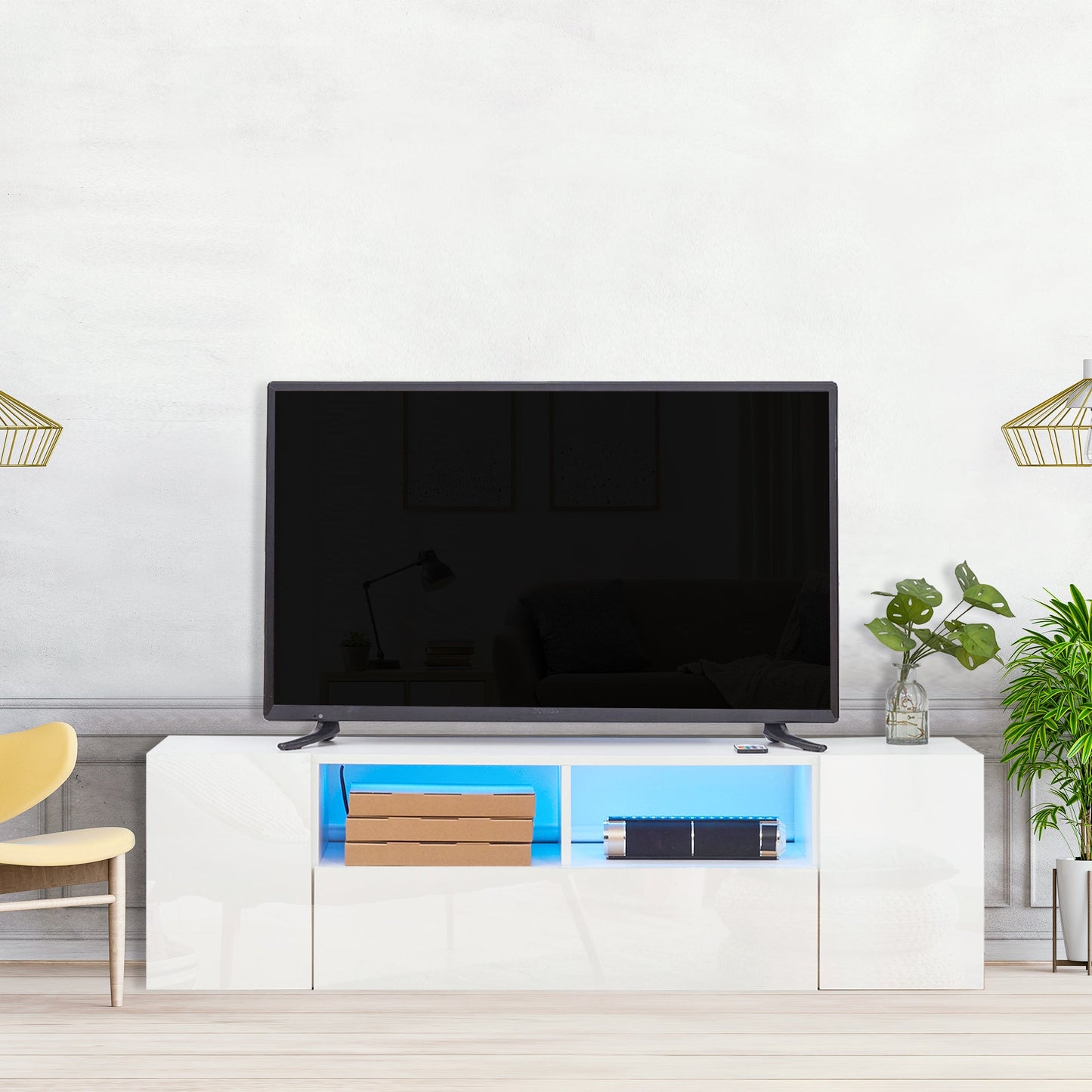 HOMCOM High Gloss TV Unit Cabinet for TVs up to 60" with LED Lights, TV Stand with Storage Shelves and Cupboards, White