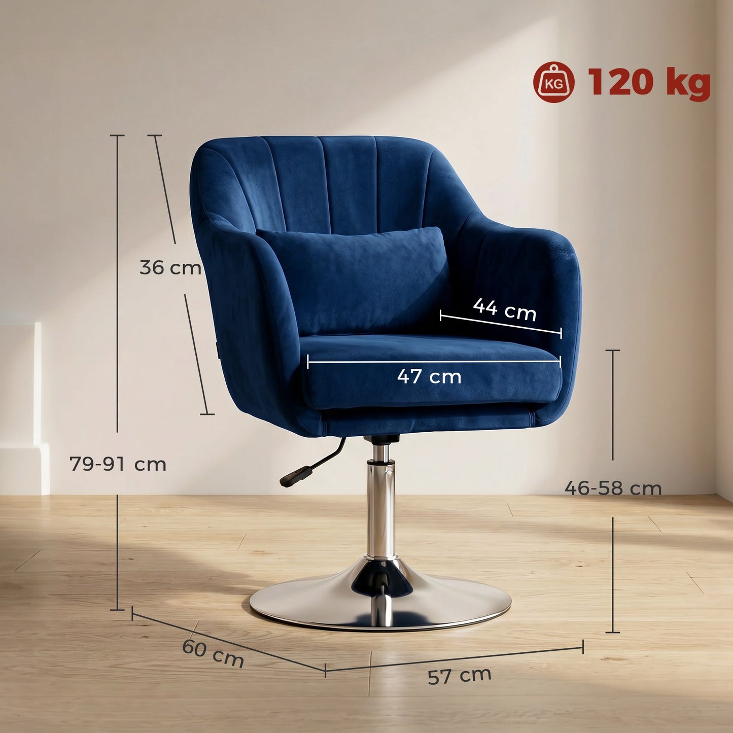 Swivel Accent Chair, Velvet Fabric Tub Vanity Chair, Modern Armchair with Adjustable Height and Lumbar Support for Living Room Bedroom Salon Make up Room Dressing Table, Dark Blue
